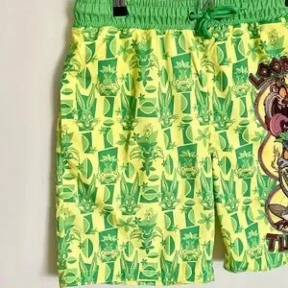 LOONEY TUNES Tiki Swim Trunks Taz Daffy Bugs Mens Neon Green Yellow NEW XL